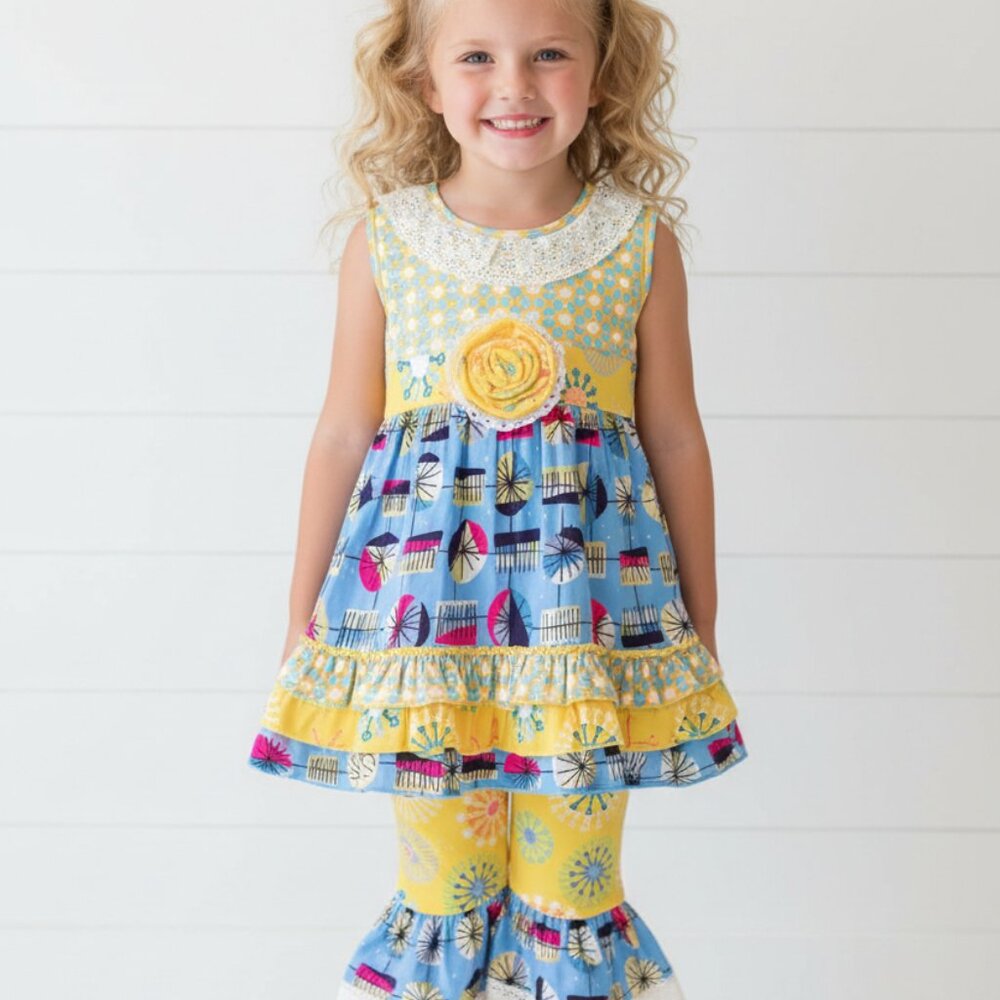 Boutique Blue & Yellow Ruffle Short Set, girls, kids, Milk Silk